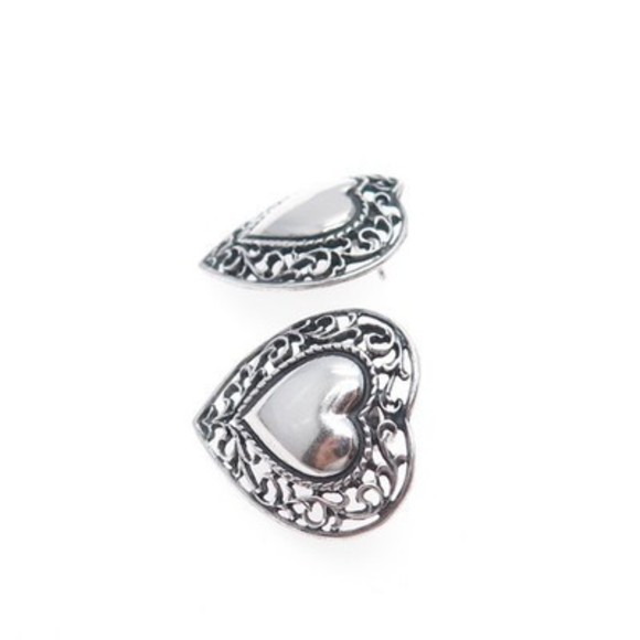 925 Sterling Silver Vintage Heart Filigree Oxidized Earrings - Picture 7 of 8